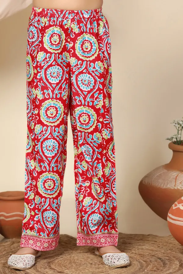 Red_Slub_Motif_Printed_Knee_Length_A-Line_Kurta_With_Pant_Set_For_Girls