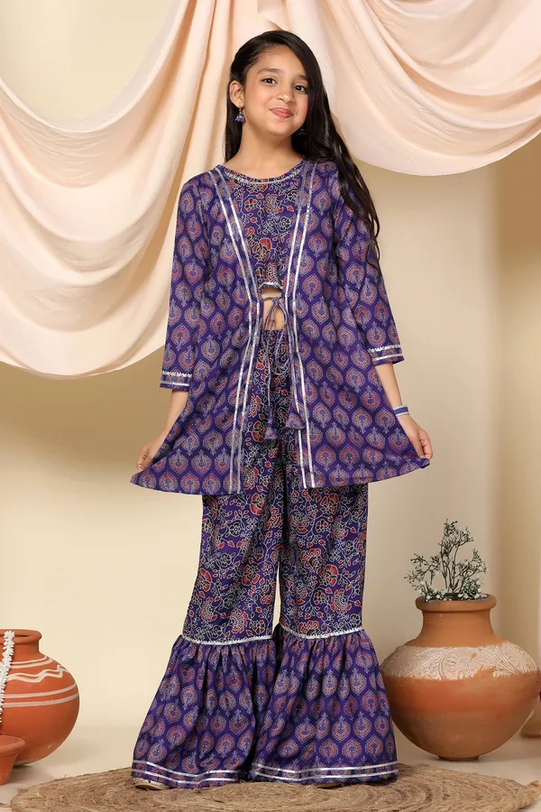 Voilet_Floral_Printed_Slub_Kurta_With_Sharara_Set_For_Girls