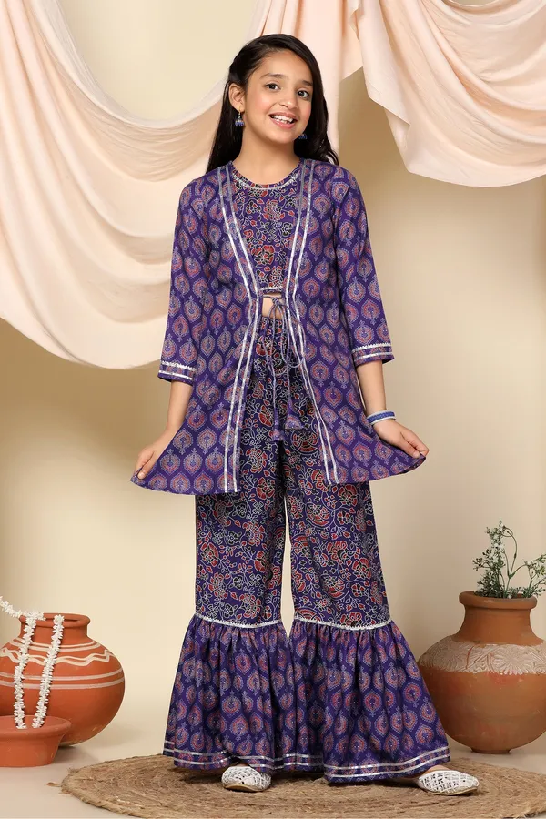 Voilet_Floral_Printed_Slub_Kurta_With_Sharara_Set_For_Girls