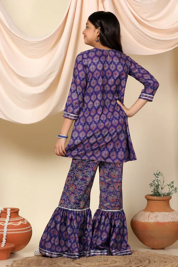 Voilet_Floral_Printed_Slub_Kurta_With_Sharara_Set_For_Girls
