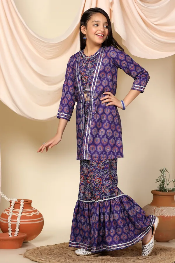 Voilet_Floral_Printed_Slub_Kurta_With_Sharara_Set_For_Girls