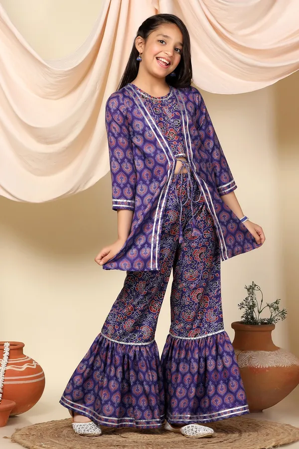 Voilet_Floral_Printed_Slub_Kurta_With_Sharara_Set_For_Girls