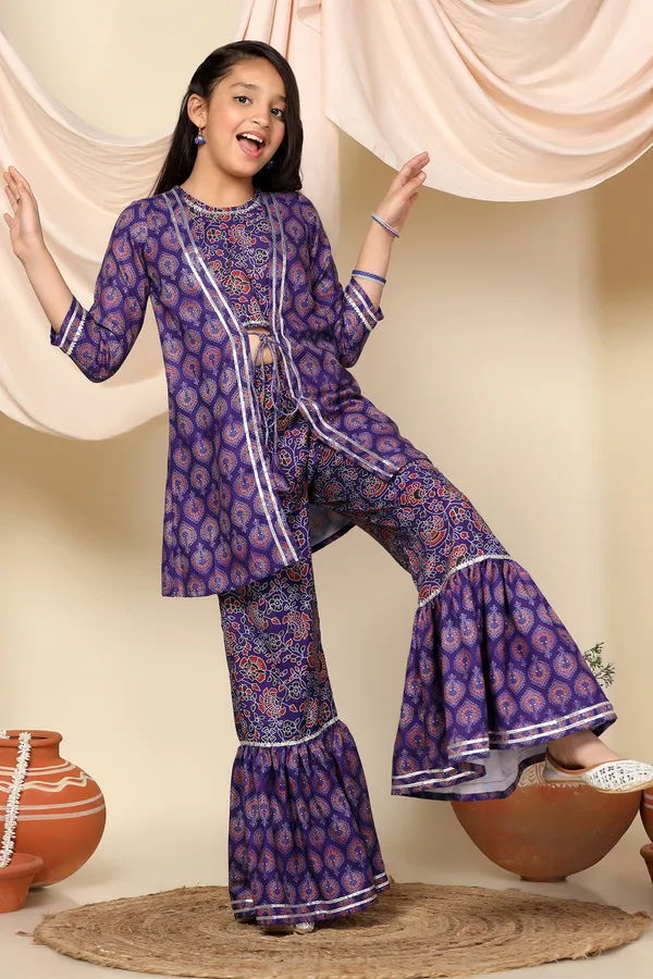Voilet_Floral_Printed_Slub_Kurta_With_Sharara_Set_For_Girls