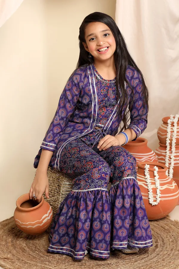 Voilet_Floral_Printed_Slub_Kurta_With_Sharara_Set_For_Girls