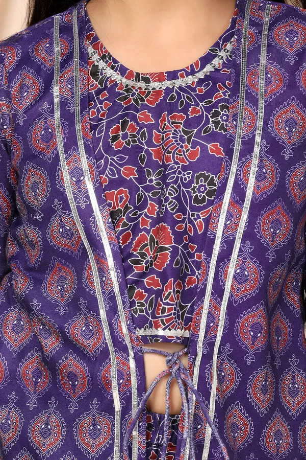 Voilet_Floral_Printed_Slub_Kurta_With_Sharara_Set_For_Girls