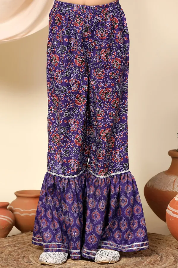 Voilet_Floral_Printed_Slub_Kurta_With_Sharara_Set_For_Girls