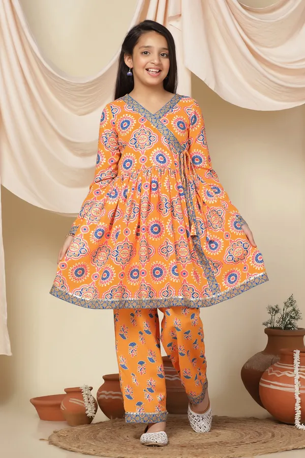 Slub_Angrakha_Style_Kurta_With_Pant_Set_For_Girls