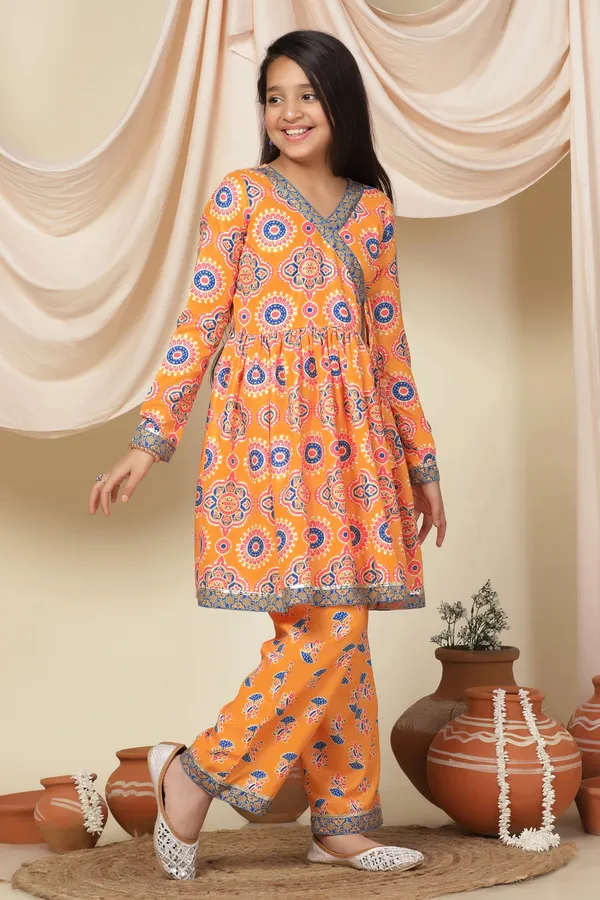 Slub_Angrakha_Style_Kurta_With_Pant_Set_For_Girls