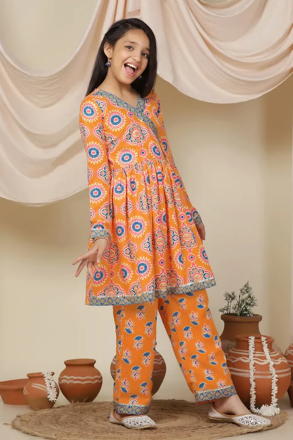 Slub_Angrakha_Style_Kurta_With_Pant_Set_For_Girls