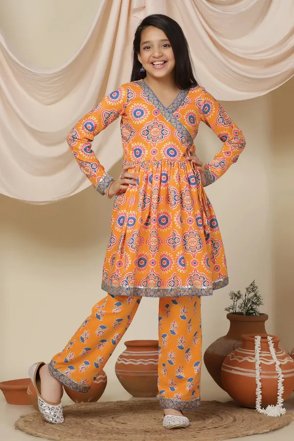Slub_Angrakha_Style_Kurta_With_Pant_Set_For_Girls