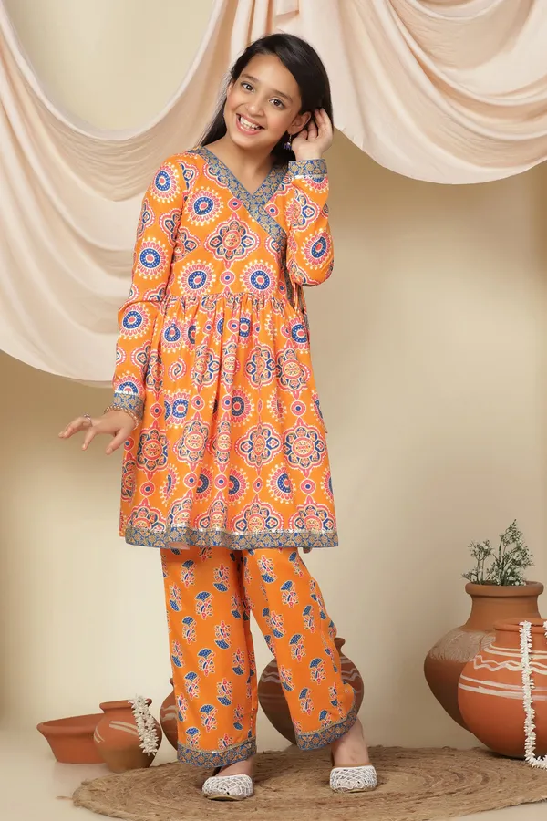 Slub_Angrakha_Style_Kurta_With_Pant_Set_For_Girls