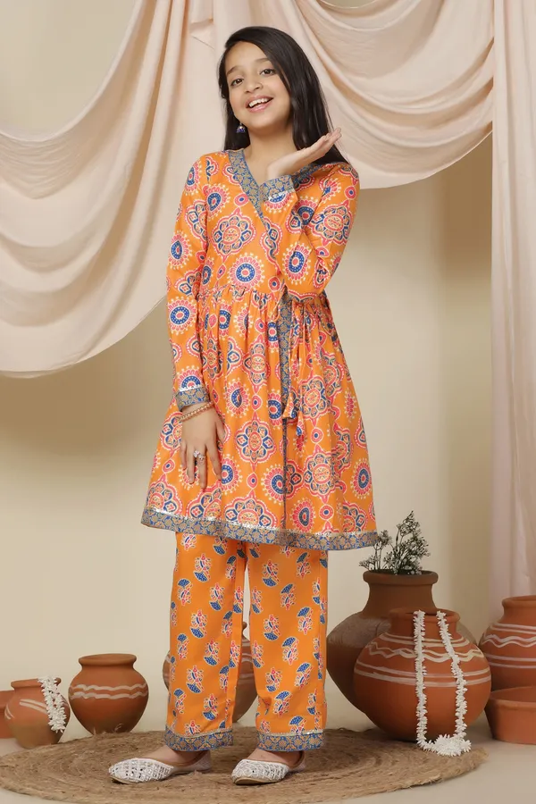 Slub_Angrakha_Style_Kurta_With_Pant_Set_For_Girls