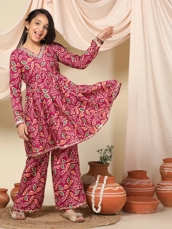 Dark_Pink_Slub_Straight_Empire_Waist_Straight_Kurta_With_Pant_Set_For_Girls