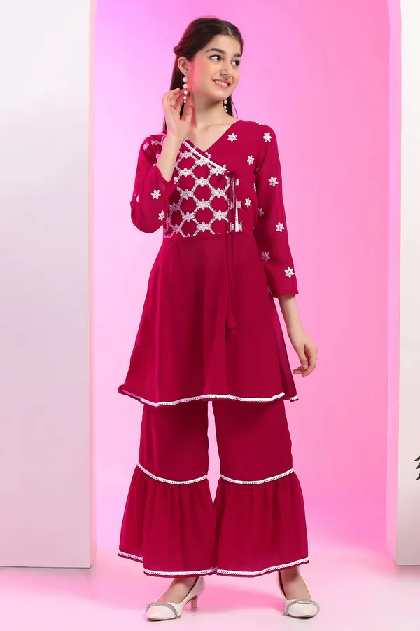 Rani_Georgette_Embroidered_Knee_Length_A-Line_Kurta_With_Sharara_Set_For_Girls