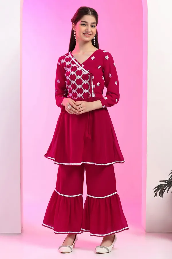 Rani_Georgette_Embroidered_Knee_Length_A-Line_Kurta_With_Sharara_Set_For_Girls