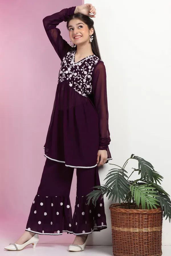 Purple_Blooming_Georgette_Empire_Waist_Embroidered_Kurta_With_Sharara_Set_For_Girls