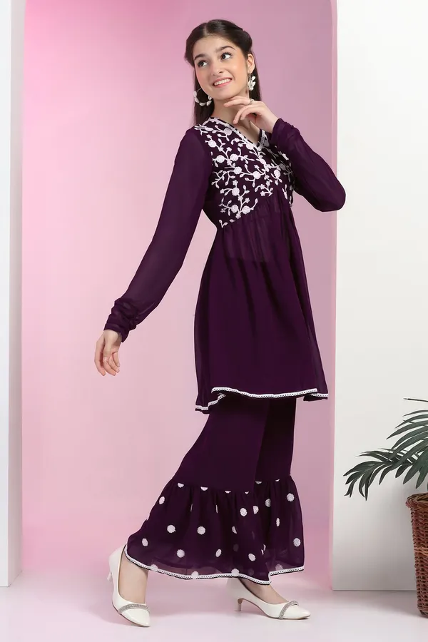 Purple_Blooming_Georgette_Empire_Waist_Embroidered_Kurta_With_Sharara_Set_For_Girls