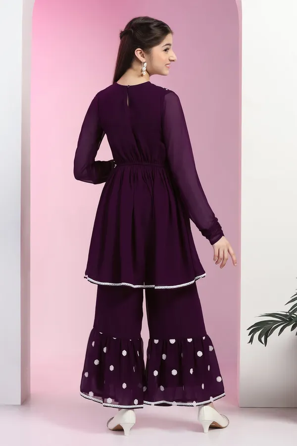 Purple_Blooming_Georgette_Empire_Waist_Embroidered_Kurta_With_Sharara_Set_For_Girls