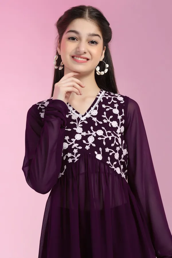 Purple_Blooming_Georgette_Empire_Waist_Embroidered_Kurta_With_Sharara_Set_For_Girls