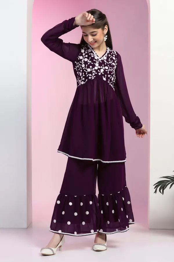 Purple_Blooming_Georgette_Empire_Waist_Embroidered_Kurta_With_Sharara_Set_For_Girls