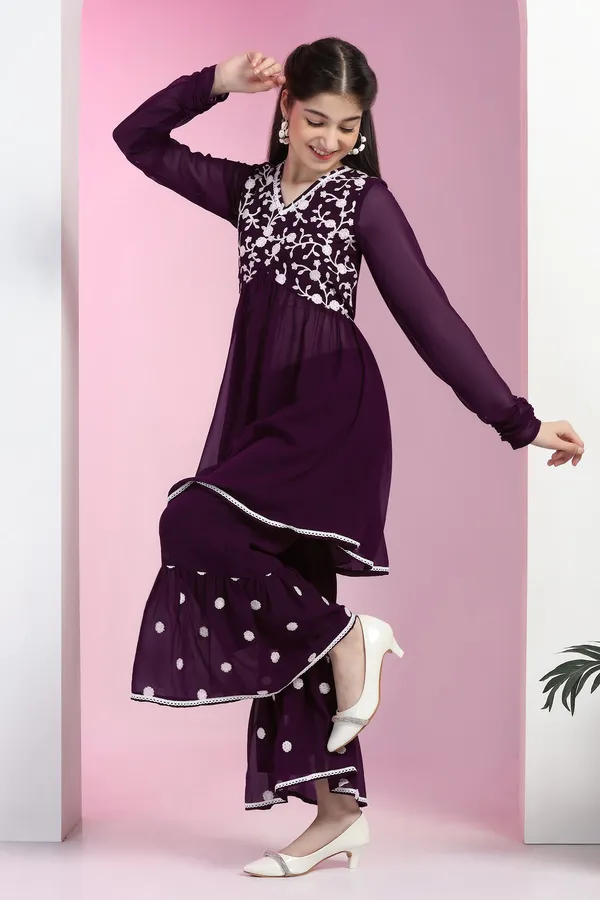 Purple_Blooming_Georgette_Empire_Waist_Embroidered_Kurta_With_Sharara_Set_For_Girls