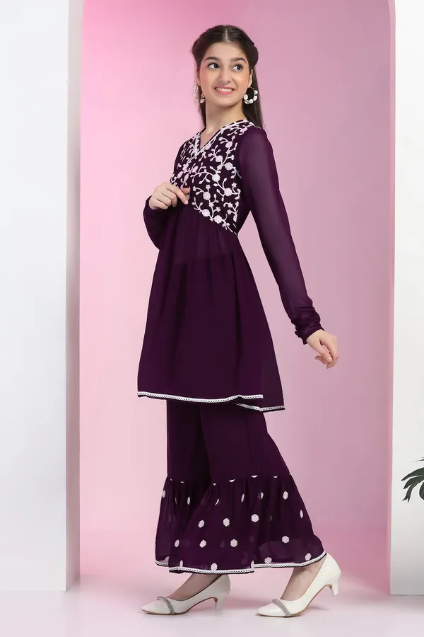 Purple_Blooming_Georgette_Empire_Waist_Embroidered_Kurta_With_Sharara_Set_For_Girls