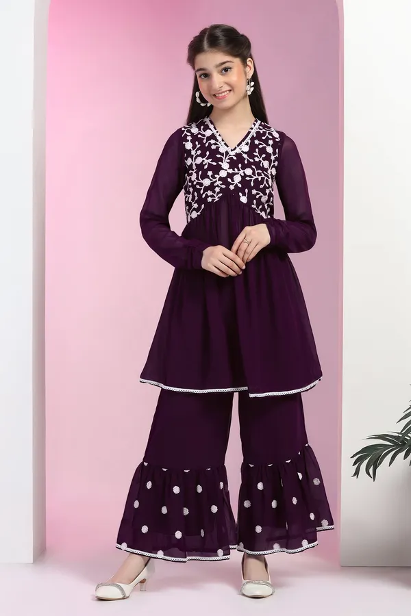 Purple_Blooming_Georgette_Empire_Waist_Embroidered_Kurta_With_Sharara_Set_For_Girls