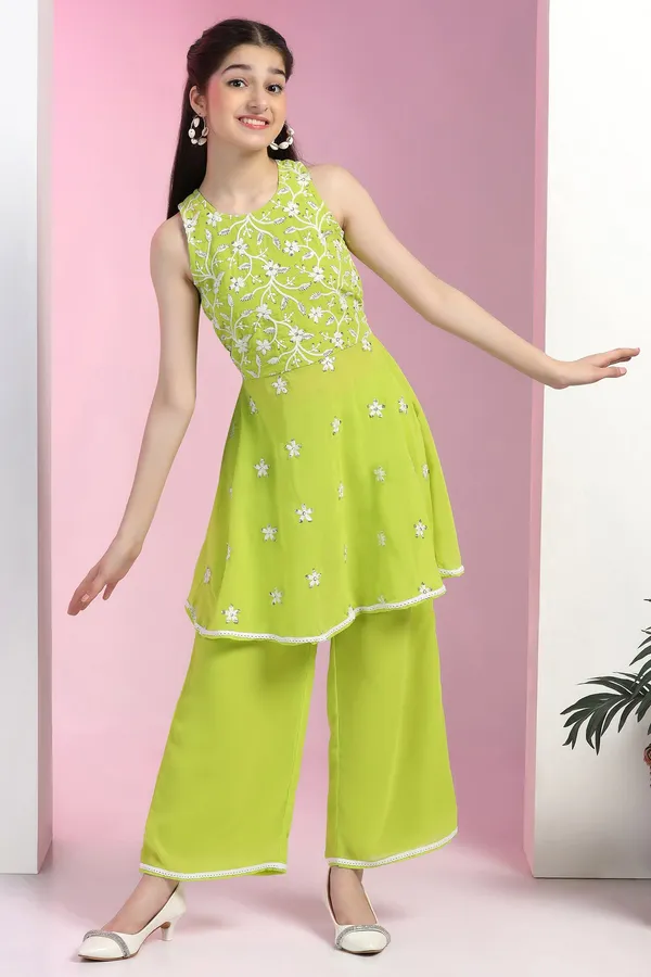 Lime_Fox_Georgette_Embroidered_Knee_Length_Peplum_Kurta_With_Sharara_Set_For_Girls