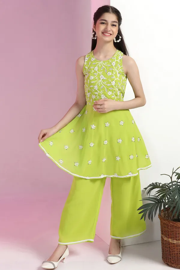 Lime_Fox_Georgette_Embroidered_Knee_Length_Peplum_Kurta_With_Sharara_Set_For_Girls