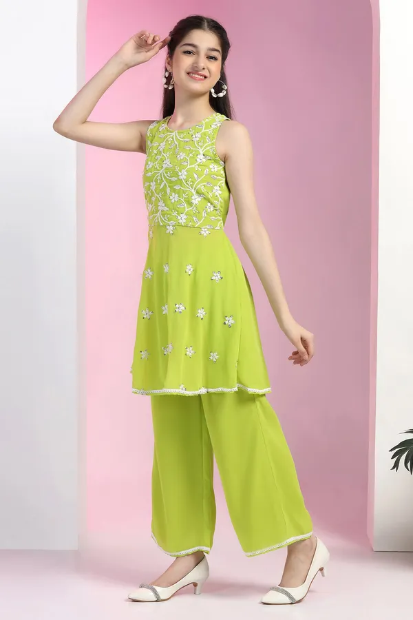 Lime_Fox_Georgette_Embroidered_Knee_Length_Peplum_Kurta_With_Sharara_Set_For_Girls