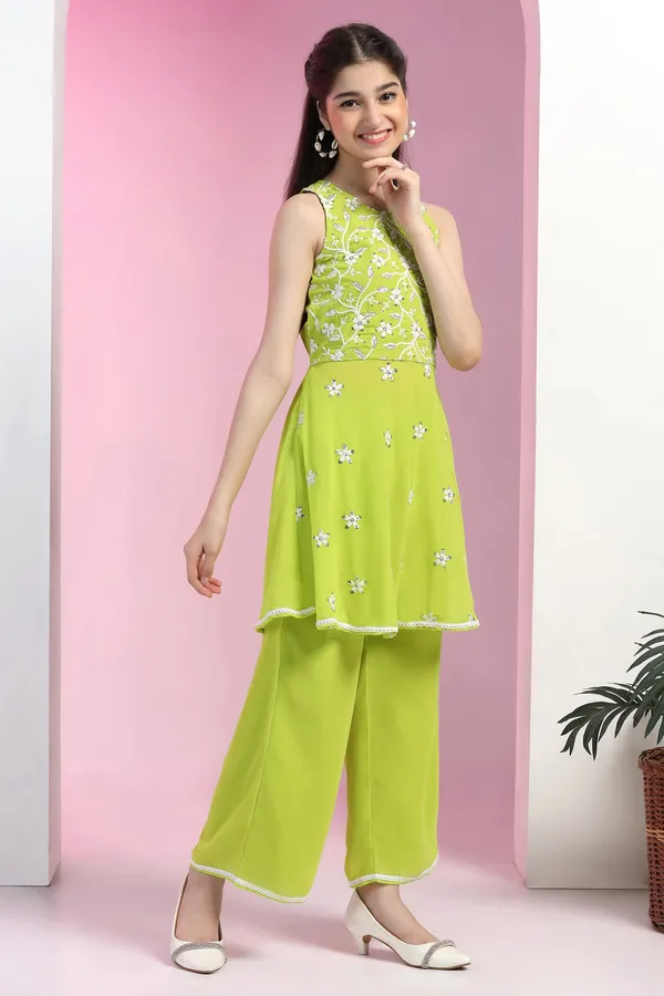 Lime_Fox_Georgette_Embroidered_Knee_Length_Peplum_Kurta_With_Sharara_Set_For_Girls