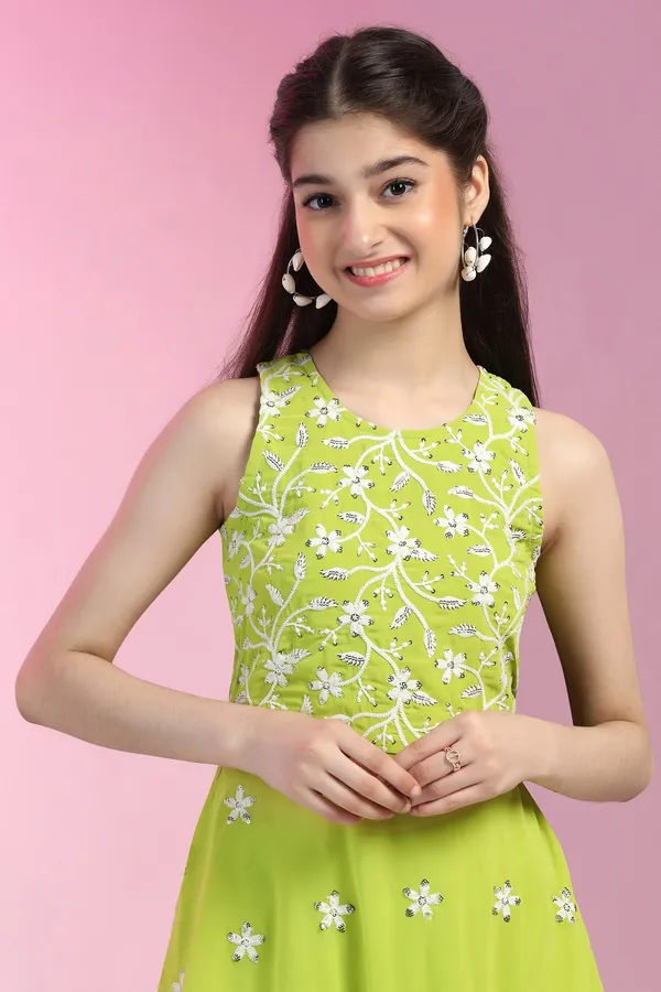 Lime_Fox_Georgette_Embroidered_Knee_Length_Peplum_Kurta_With_Sharara_Set_For_Girls