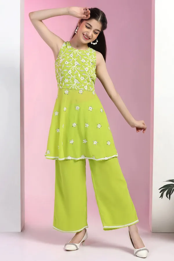 Lime_Fox_Georgette_Embroidered_Knee_Length_Peplum_Kurta_With_Sharara_Set_For_Girls