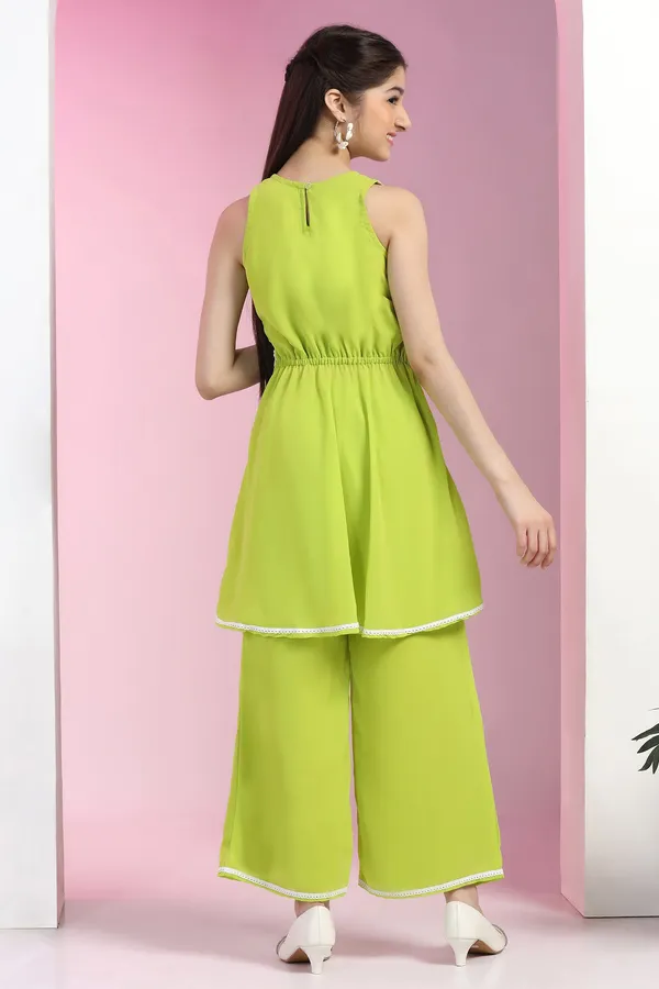 Lime_Fox_Georgette_Embroidered_Knee_Length_Peplum_Kurta_With_Sharara_Set_For_Girls
