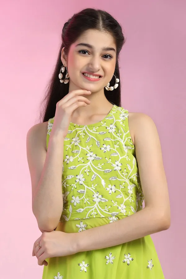 Lime_Fox_Georgette_Embroidered_Knee_Length_Peplum_Kurta_With_Sharara_Set_For_Girls