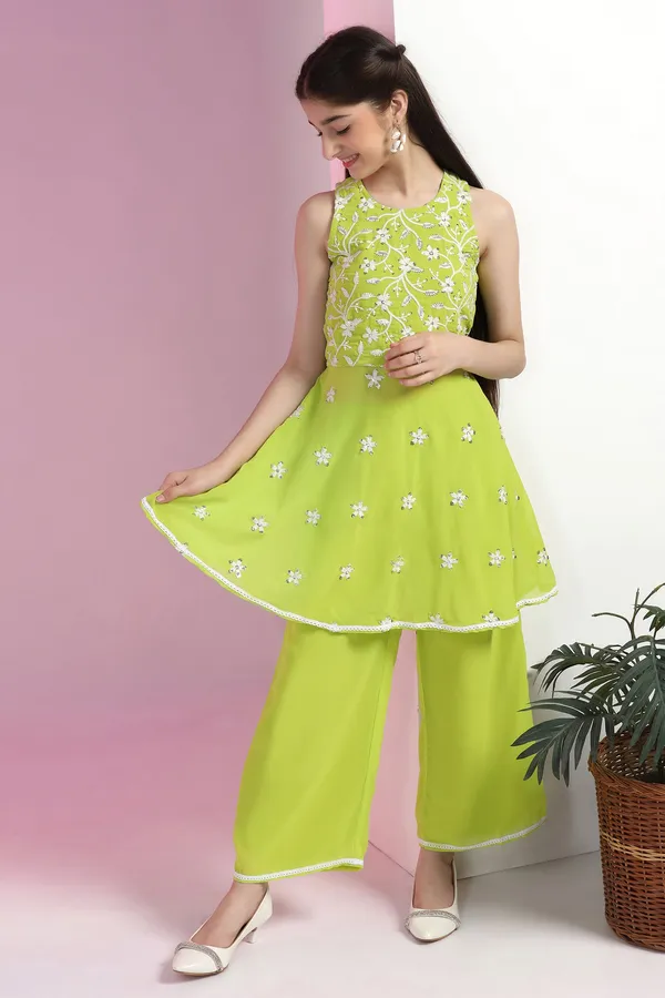 Lime_Fox_Georgette_Embroidered_Knee_Length_Peplum_Kurta_With_Sharara_Set_For_Girls