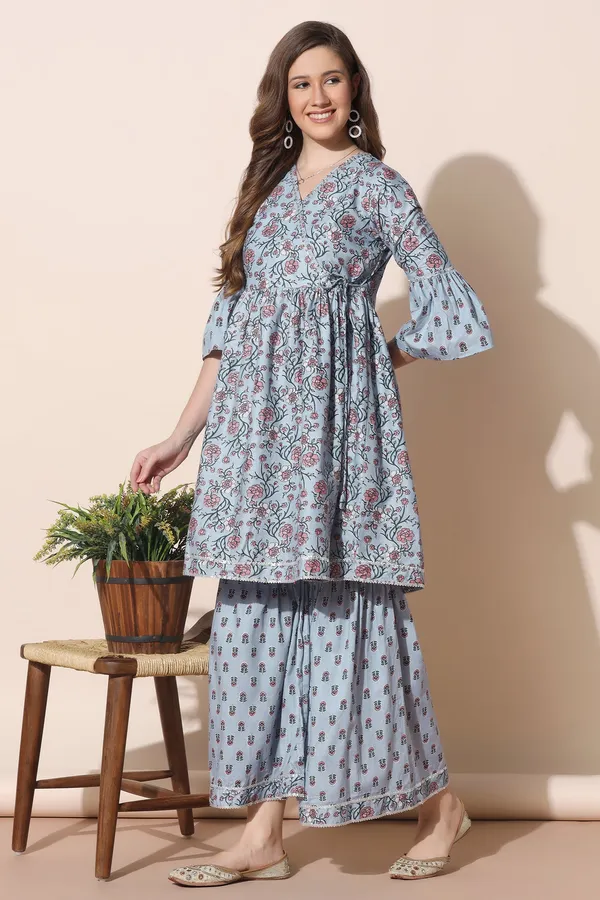 Grey_Cotton_Floral_Printed_Kurta_Sharara_Set_For_Women