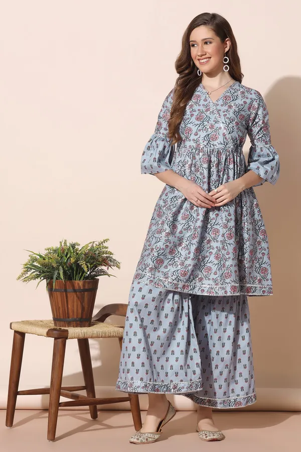 Grey_Cotton_Floral_Printed_Kurta_Sharara_Set_For_Women