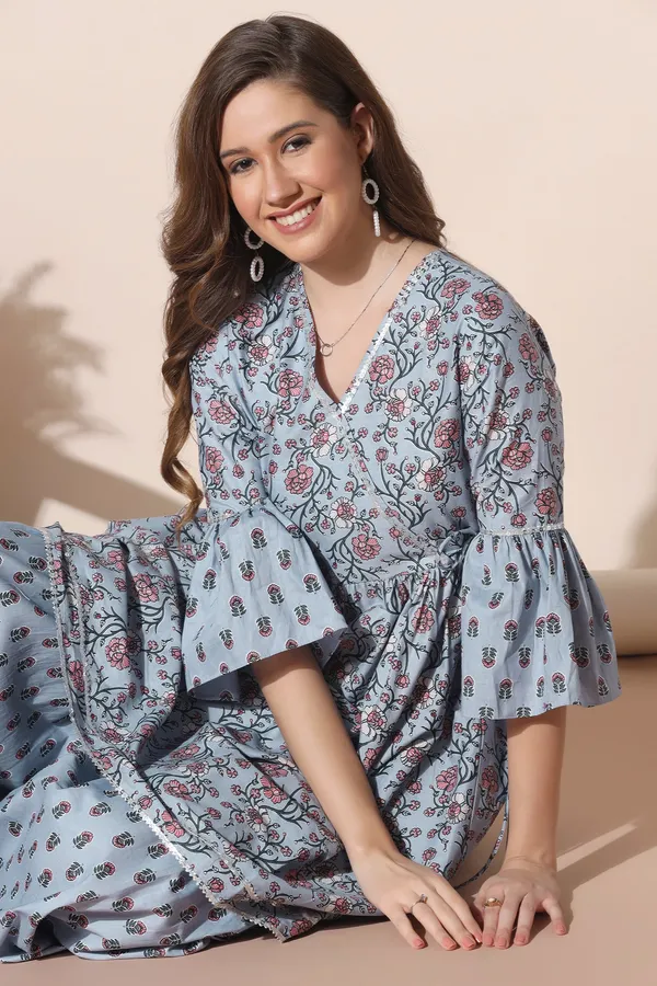 Grey_Cotton_Floral_Printed_Kurta_Sharara_Set_For_Women