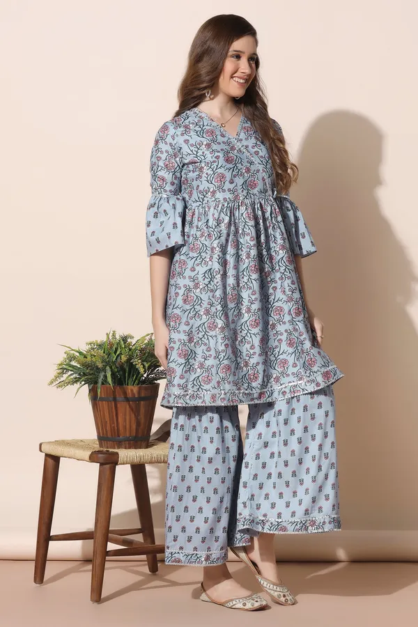Grey_Cotton_Floral_Printed_Kurta_Sharara_Set_For_Women