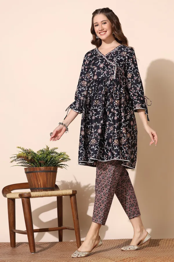 Navy_Blue_Cotton_Floral_Printed_Angrakha_Kurta_And_Pant_Set