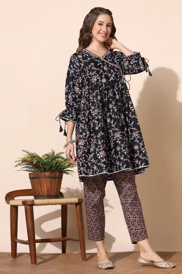 Navy_Blue_Cotton_Floral_Printed_Angrakha_Kurta_And_Pant_Set