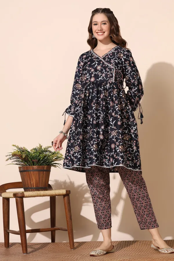 Navy_Blue_Cotton_Floral_Printed_Angrakha_Kurta_And_Pant_Set
