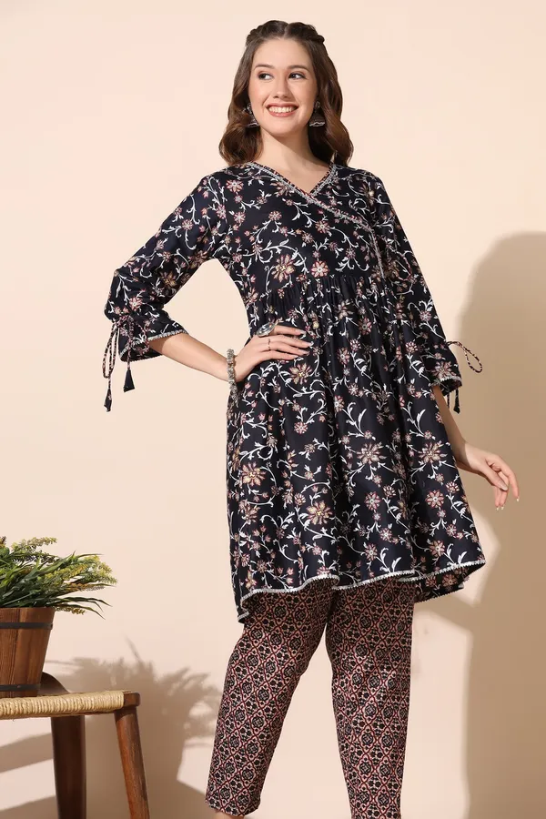 Navy_Blue_Cotton_Floral_Printed_Angrakha_Kurta_And_Pant_Set