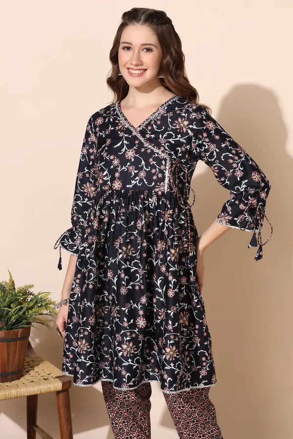 Navy_Blue_Cotton_Floral_Printed_Angrakha_Kurta_And_Pant_Set
