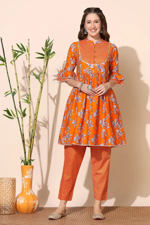 Orange_Cotton_Floral_Printed_Kurta_With_Pant_Set