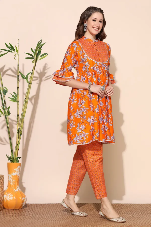 Orange_Cotton_Floral_Printed_Kurta_With_Pant_Set