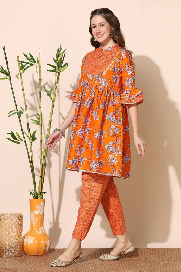 Orange_Cotton_Floral_Printed_Kurta_With_Pant_Set
