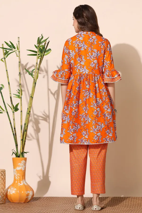Orange_Cotton_Floral_Printed_Kurta_With_Pant_Set