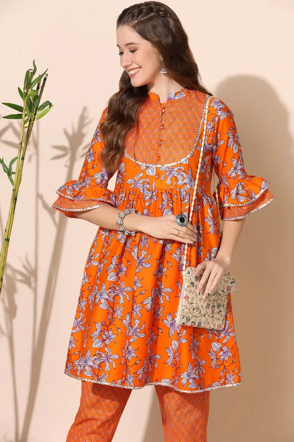 Orange_Cotton_Floral_Printed_Kurta_With_Pant_Set